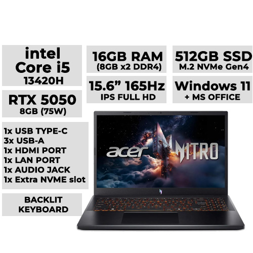 Acer Nitro V Gaming Laptop 15.6" 165hz IPS | i5-13420H | 16GB DDR4 | 512GB NVMe | RTX 5050 8GB (Model: ANV15-52-572T)